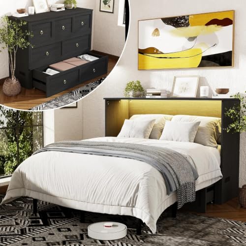 Ihanherry Full Murphy Bed with Storage Drawer, Farmhouse Cabinet Bed with LED Lights & Charging Station, Space Saving Wall Bed for Small Bedroom/Home Office, Noise Free & Easy Assembly, Rust