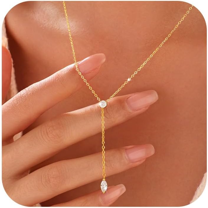 XAYAH Moissanite Lariat Necklace for Women 925 Sterling Silver Dainty Horse Eye Marquise Diamond Drop Y-Shaped Necklaces Trendy 14K Gold Plated Lip Charm Chain Prom Bridal Wedding Jewelry Gift for Mom