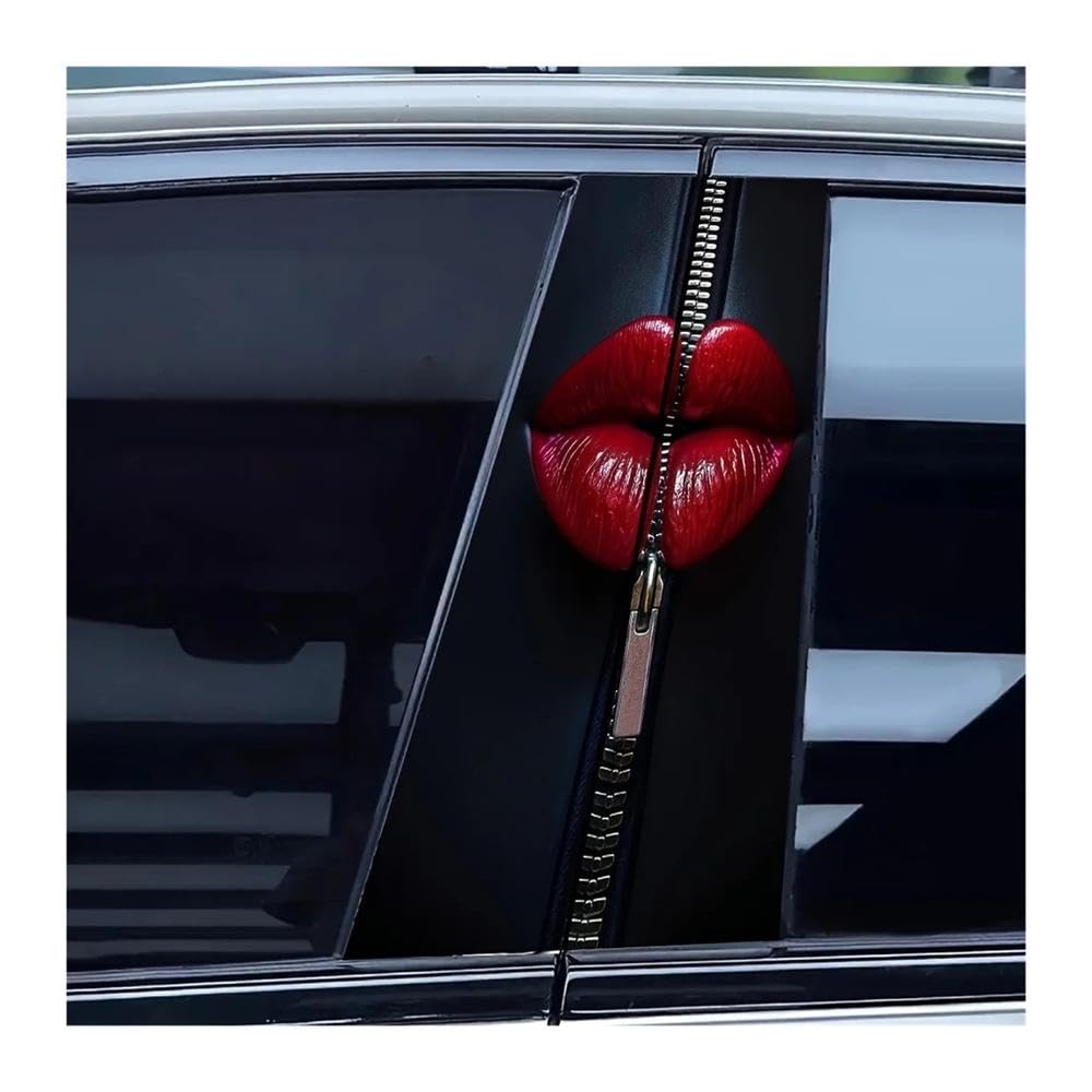 Bertdcx One Color 2Pc Car B-Pillar Creative Zipper Red Lip Sticker Auto Parts