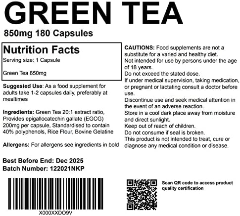 Green Tea Extract 180 Capsules 850mg High Strength Capsules Powerful Antioxidant UK Made. Pharmaceutical Grade