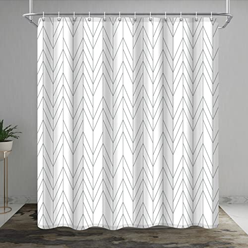 Gixige Grey And White Herringbone Shower Curtain, Modern Gray Geometric Chevron Striped Bathroom Decor, Waterproof Minimalist Fabric Polyester Set, With 12 Hooks 72 X 72 Inches #TOP8