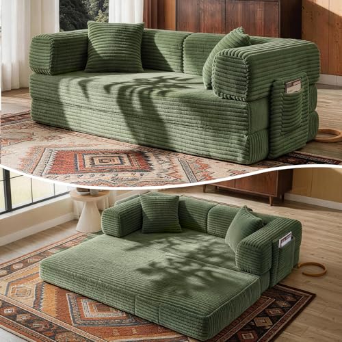 Image of AUGOP Boneless Couch Folding Couches for Living Room Sofa, Futon Sofa Bed with Sleeper Sofa, Futon Couch with Fixed-Shape Oversized Corduroy Upholstered (Green, 81 Inches)