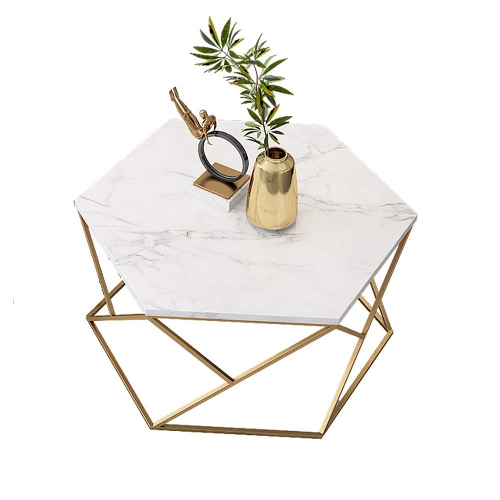 Round Coffee Table Hexagon Coffee Table Coffee Table Modern Sofa Side Table Living Room Office Decor White Marble & Gold Metal for 65x40CM