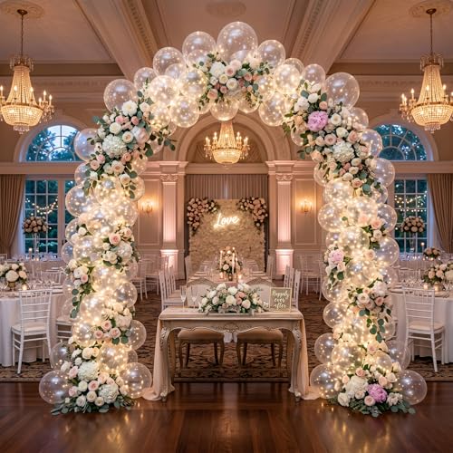 Image of 150pcs Clear Balloons Garland Arch Kit, Different Sizes (18 /12 /10 /5 Inch) Transparent Latex Balloon Set for Baby Shower, Wedding, Birthday, Engagement Party Decorations