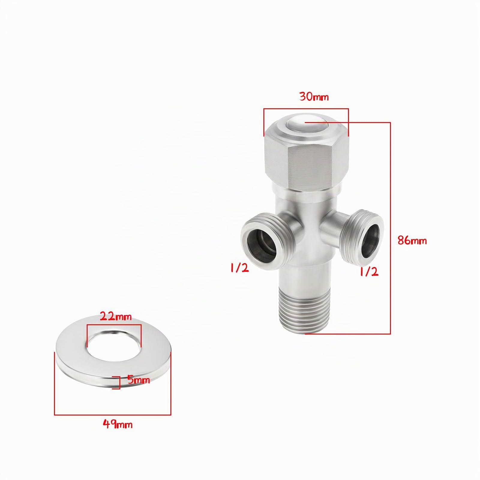 2 Ensembles 1/2 Vanne Double Angle en Acier Inoxydable 1 Entrée 2 Sorties Vanne d'arrêt d'angle pour Machine à Laver Chauffe-eau de Toilette Argent