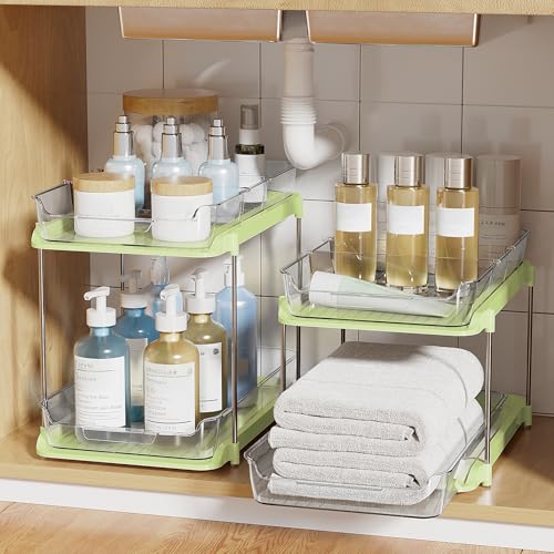 Delamu 2 Sets of 2-Tier Multi-Purpose Bathroom Under Sink Organizers and Storage, Stackable Kitchen Pantry Organization, Pull Out Medicine Cabinet Organizer with 8 Movable Dividers, Green