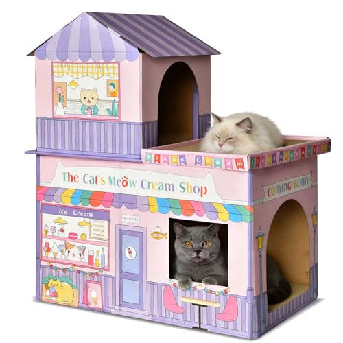 Cardboard Cat House for Indoor Cats Double Layer Cat Scratcher House for Large Kitty Rabbit Bunny Scratch & Sleep 2 in 1 Design Durable & Easy to Assemble Scratching Bed (Ice Cream Shop)