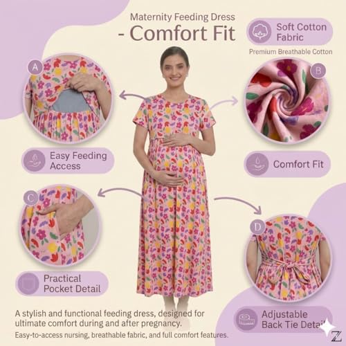 Image of Zero Clothing Feeding Dress for New Moms Casual Loungewear Ankle Length | Cotton Maternity Nighty | Zipless Feeding Dresses for Women | Pregnancy & Nursing Wear