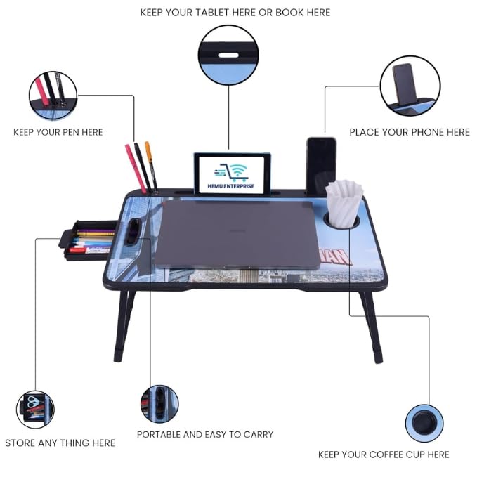 Image of Hemu Wood Smart Multipurpose Foldable Laptop Table with Cup Holder, Study Table, Bed Table, Breakfast Table, Foldable and Portable /Ergonomic & Rounded Edges /Non-Slip Legs