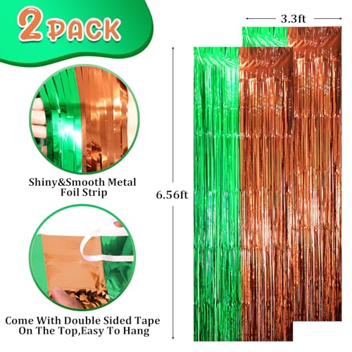 Image of Voircoloria 2 Pack Football Party Decorations, Green and Brown Foil Fringe Backdrop Curtains, Tinsel Streamers, Door Shimmer for Super Bowl or Birthday Party