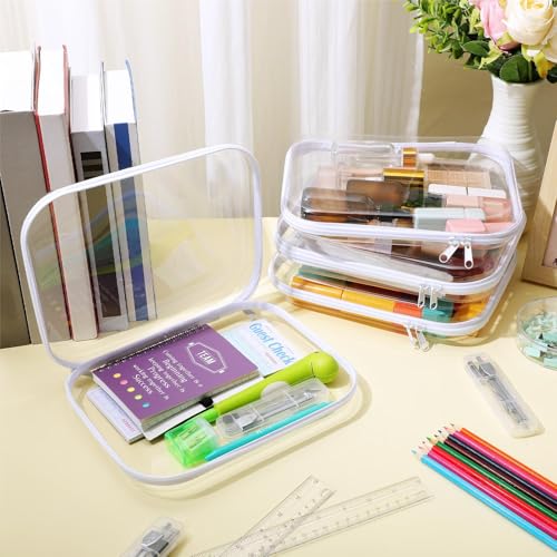 Image of Hoolerry 4 Pcs Hard Clear Zipper Case Makeup Bags Plastic Zipper Pouch Transparent Storage Box Containers for Cosmetics, Snacks, Building Blocks, Puzzles(Clear,9.8 x 7.9 x 2 in,White)