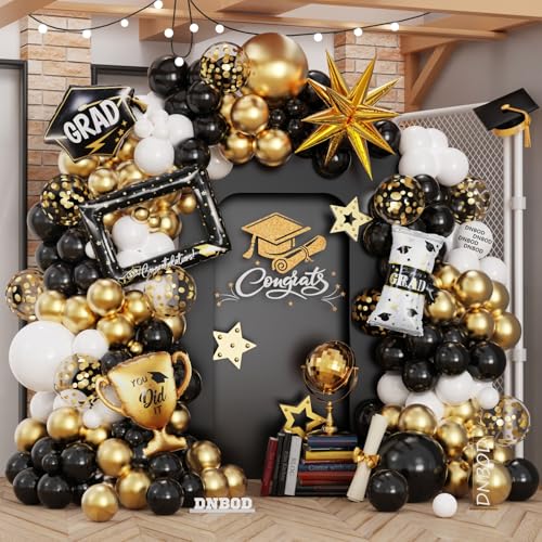 Image of 135Pcs Black Gold White Graduation Balloon Garland Arch Kit,with Explosion Star,Diploma,Trophy,Grad Hat,Photo Frame Foil Balloons for Congrats Class of 2026 Graduates Celebrations Party Decoration