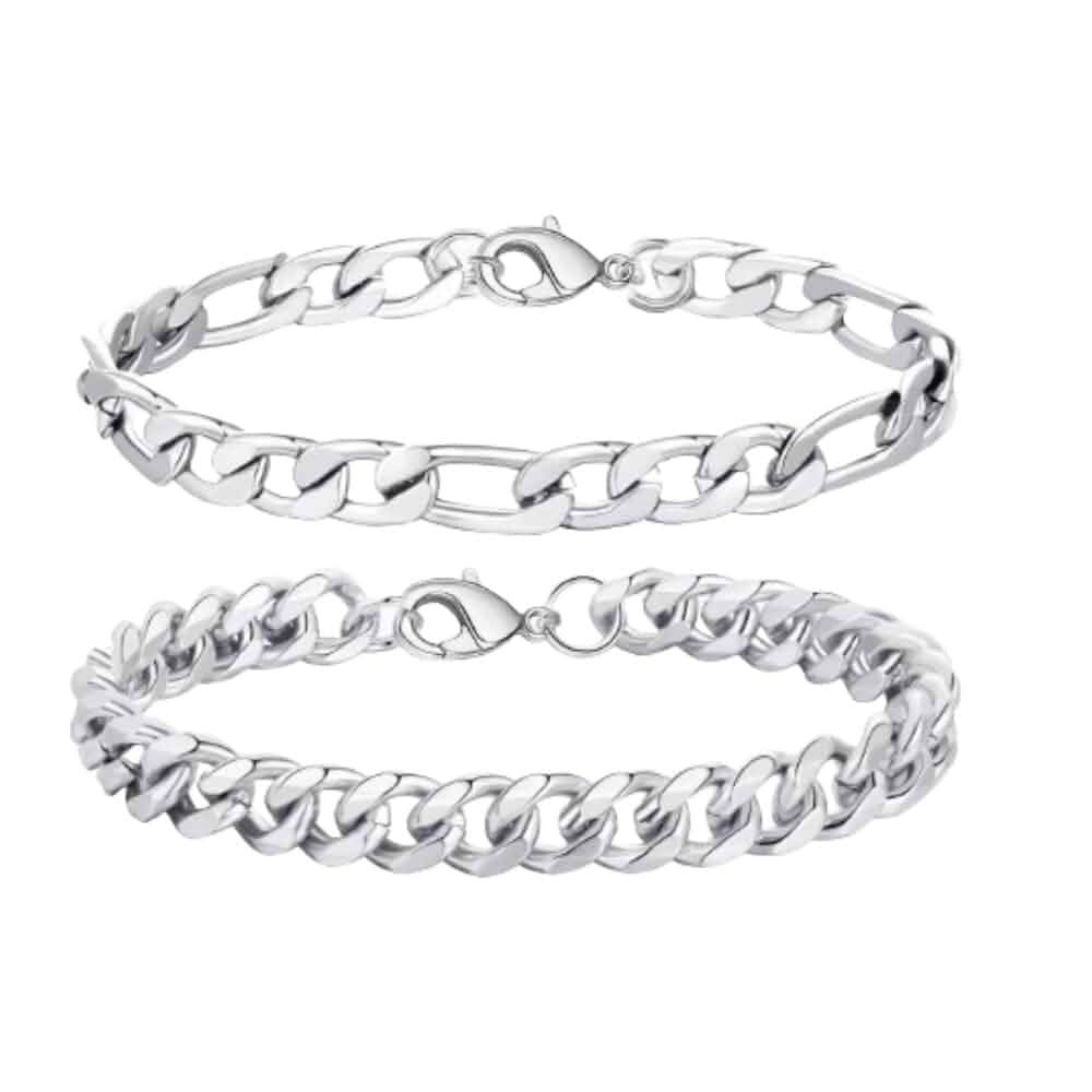 Hilufiet 2 Pcs Chain Bracelet 925 Sterling Silver Bracelet for Men 7-9inch Figaro Rope Cuban Link Bracelet Set for Men Hus...