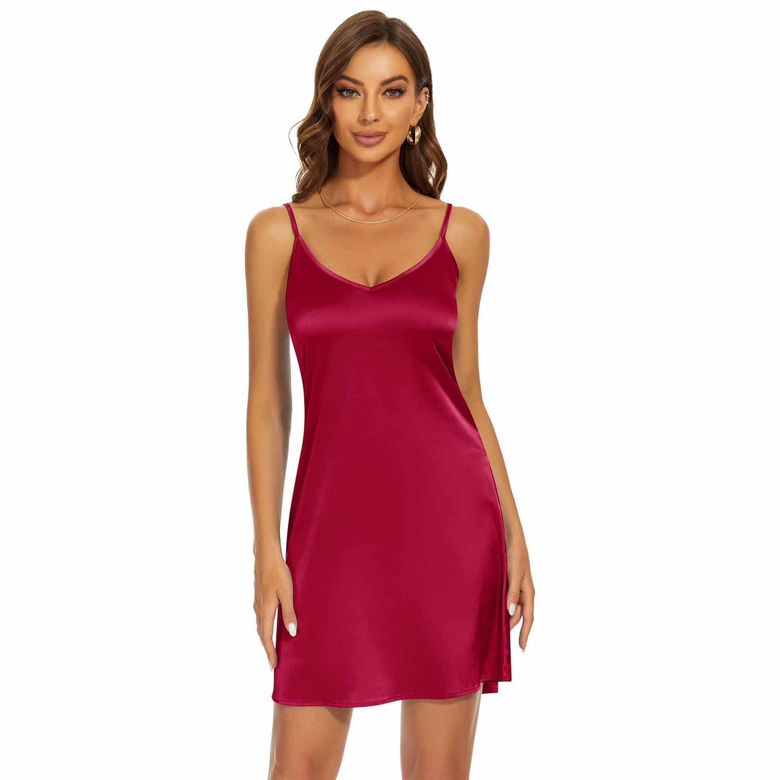 Miqieer Women's Long Silky Tank Top Adjustable Spaghetti Strap Camisole Slip Dress (V-Wine Red, Small)