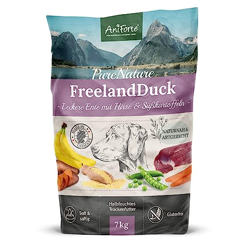 AniForte Ente Trockenfutter für Hunde 7kg – Leckere Ente mit Hirse, Süßkartoffeln & Kräutern, Vitamine für Hunde, Halbfeuchtes Trockenfutter, Hundefutter trocken glutenfrei für Allergiker
