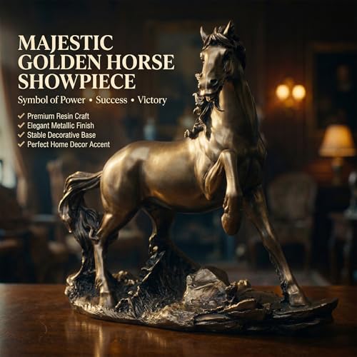 Golden Horse Showpiece Statue for Home Decor 9 Inch Resin Horse Figurine | Vastu Feng Shui Horse Statue for Office Desk Living Room Career Wealth Prosperity Gift — photo — 4 of 9
