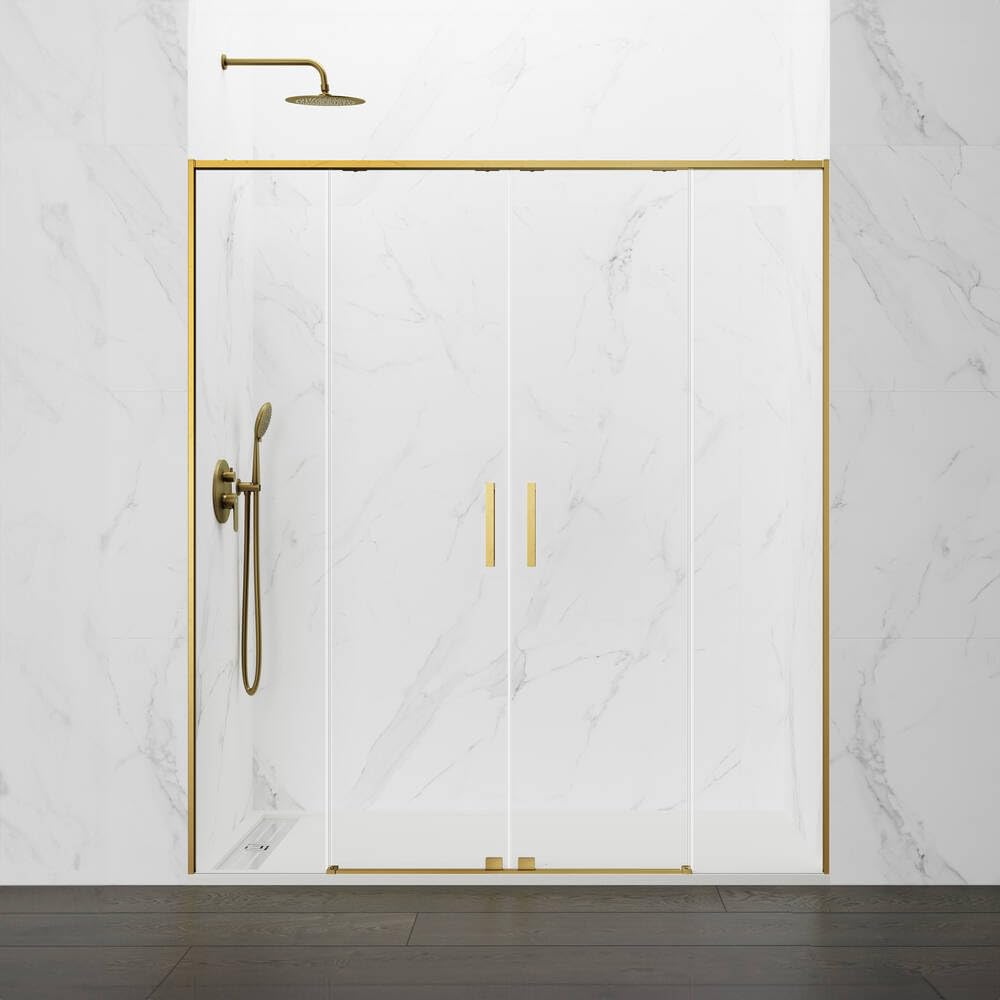 GME - Mampara Ducha Oro Dos Puertas 2 Fijas + 2 Correderas 140cm | Mampara de Cristal Reversible, Perfilería con Ancho Adaptable y 195cm de Altura | Vidrio con Grosor 6mm y Cierre Magnético