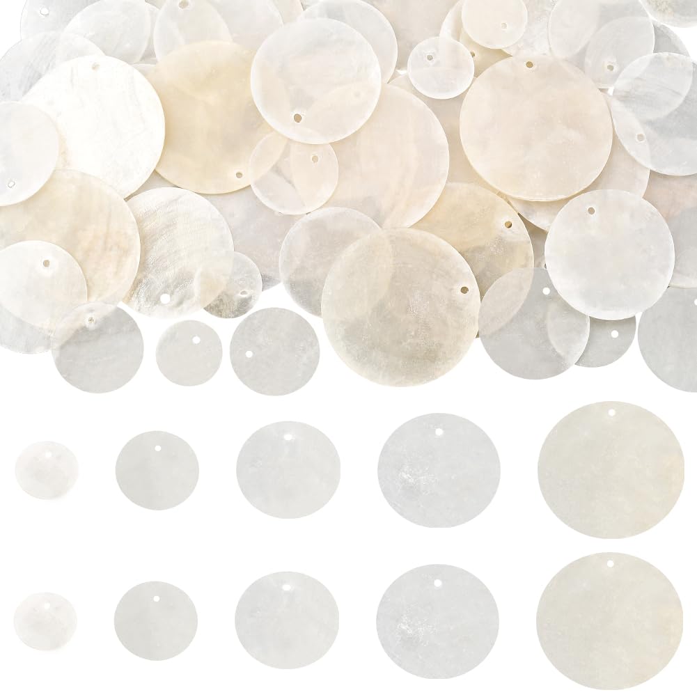 SUNNYCLUE 1 Box 100Pcs 5 Sizes Capiz Shell Charms Flat Shell Charms White Round 15/20/25/30/35mm Natural Seashell Summer Beach Coin Dangle Pendants for Jewellery Making DIY Crafts Earrings Necklaces — image 1