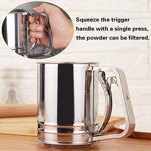 Stainless Steel Hand-held Flour Sifter with Handle,Metal Squeeze Fine Mesh Sieve for Baking,4 Cup Capacity Flour Sieve Cup for Powered Sugar