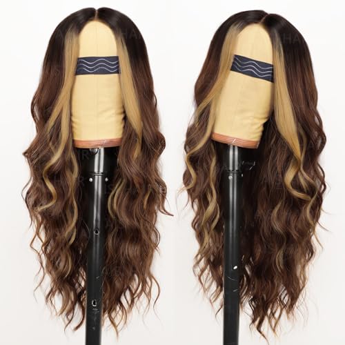 Image of AISI HAIR 【Beginner Friendly Wigs Brown Highlight Wig for Women, Long Wavy Lace Hairline Middle Part Synthetic Heat Resistant Wig for Daily Party-26 Inch