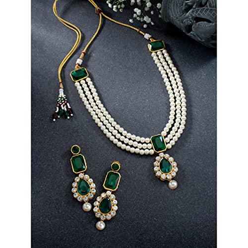 Image of Peora Crystal Faux Pearl Kundan Necklace & Jewellery Set Gift for Women