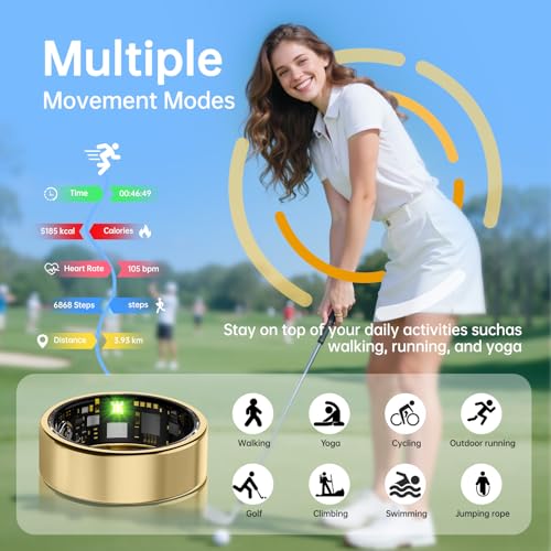 Image of Smart Ring for Women & Men, Health Tracker Ring with Heart Rate, SpO2, Blood Pressure,Temperature, HRV & Stress, IP68 Waterproof Fitness Ring, Sleep Tracker for iPhone & Android, No App Fee(Gold, 10#)