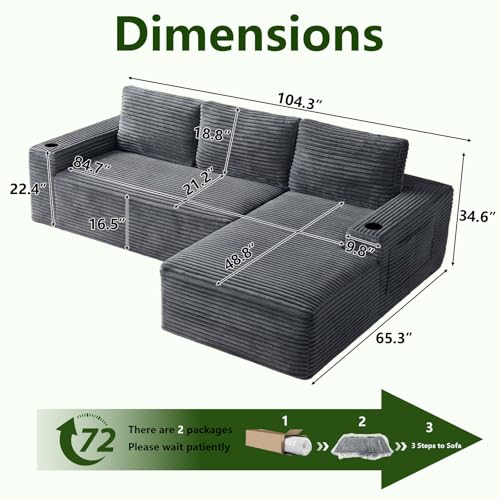 Image of 104.3 inch Modular Sectional Sofa,Modern Corduroy Cloud Couch with Cup Holder & Side Pockets,Boneless Couch Upholstered 4-Seater L-Shaped Sofa for Living Room,No Assembly (Dark Grey, Right-Facing Chaise)
