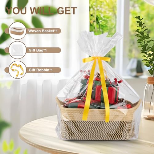 Image of OIAHOMY Woven Basket, Gift Basket Empty with Gift Bags and Ribbons, Rope Baskets for Baby Showers, Storage Baskets with Handles for Nursery, Pet Toy Organizer -Black & Yellow
