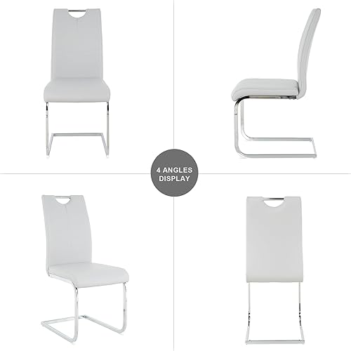 Miniatura 8 de Juego de 4 sillas de comedor modernas, de piel sintética, tapizadas con respaldo alto y patas de metal plateado para cocina, comedor, color gris