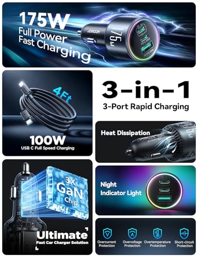 Image of JOYROOM 175W Super Fast Car Charger [GaN] 3-Port Car Charger USB C Fast Charge with USB-C Cable, Car Cigarette Lighter USB Charger for iPhone 17 /16 /15, Samsung S26 /25, Pixel 10, MacBook, iPad and More
