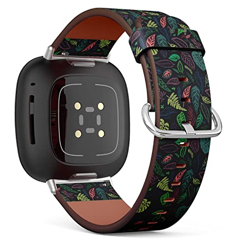 CJBROES Replacement Leather Watch Band, Compatible with Fitbit Versa 3 and Fitbit Sense of Wristband Bracelet Accessory - Tropical Leaves Bright