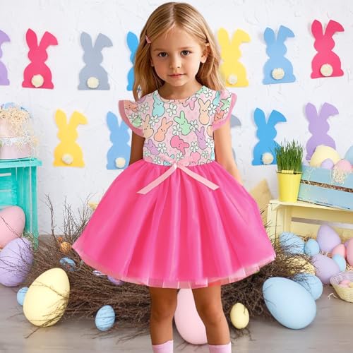 Girl Easter Dress Toddlers Bunny Floral Tutu Tulle Dresses Little Girl Short Sleeve Summer Sundress 2-8T3