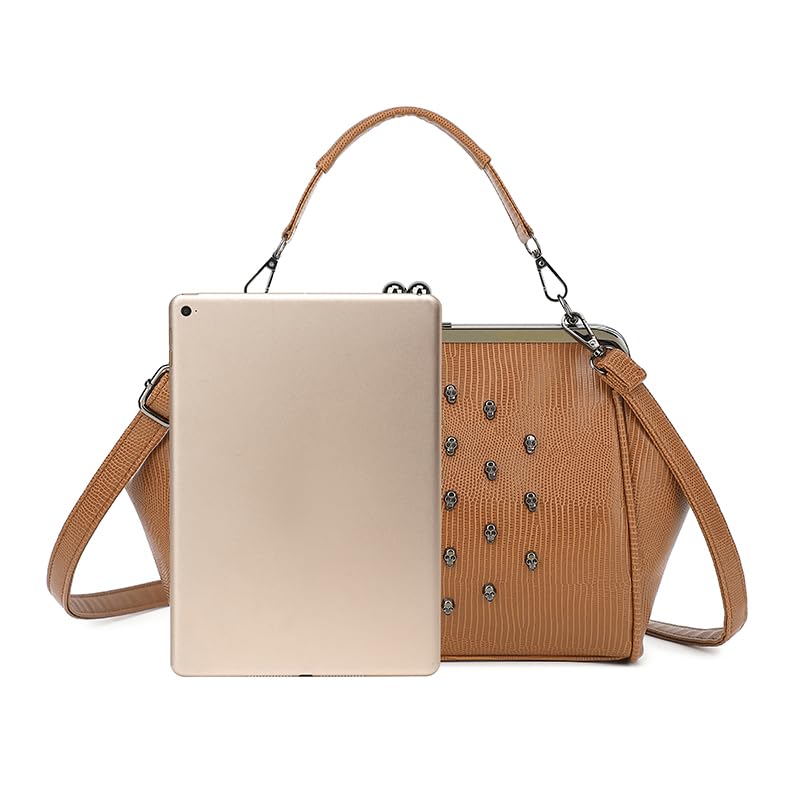 Image of Women Vintage Hollow Handbag Oil Leather Kiss Lock Rivet Skull Shoulder Crossbody Bag Evening Clutch Satchel Purse