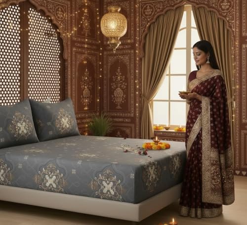 Image of 400 TC Cotton Feel Glace Cotton Fully Elastic Fitted Bedsheet Queen Size Double Bed with 2 Pillow Covers (60 inch x 78 inch inches, Perth)
