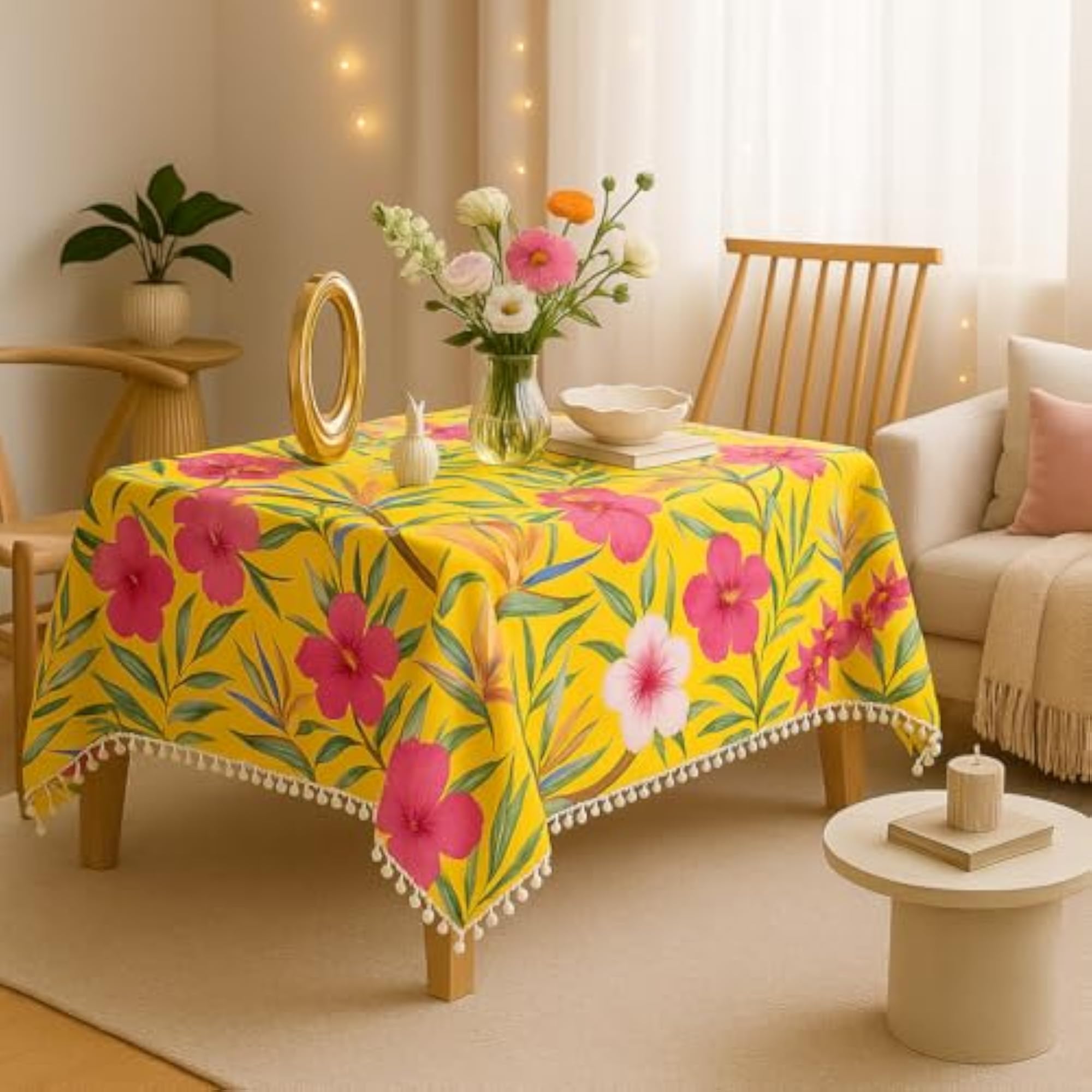 Floral Boho Dining Table Cover with Tassels