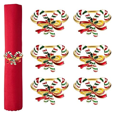 Christmas Napkin Rings Gold,6PCS Bow Bowknot Candy Canes Napkin Holders for Tables,Metal Dinner Napkin Buckle Holder for Christmas Table Decoration Party Thanksgiving Party Holiday Wedding Cover