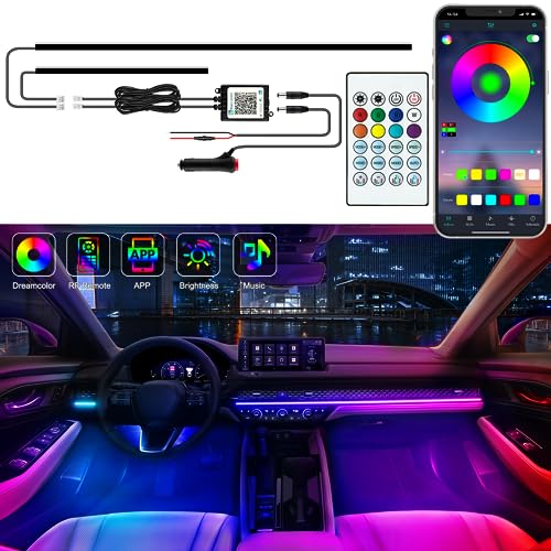 Image of Jushope Interior Car LED Strip Lights, Acrylic LED Lights for Car with Dynamic Dreamcolor Chasing, Ambient Lighting Kits Music Sync Wireless APP and RF Remote Control (43.5+14.5'')