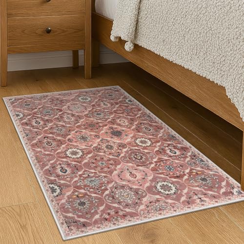 KILOCOCO 2x3 Small Area Rug, Moroccan Super Soft Entryway Rugs Indoor Vintage Washable Rug Non-Slip Indoor Door Mat, Accent Print Faux Wool Throw Rug for Kitchen Bedroom Entrance, Terracotta