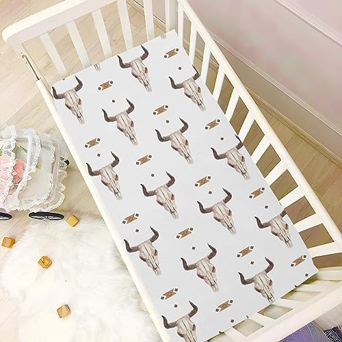 Image of Western Bull Skull Crib Sheets Soft Breathable Fitted Baby Playard Sheets Mattress Cover for Girl Boys, 39 inch x 27 inch x 5 inch
