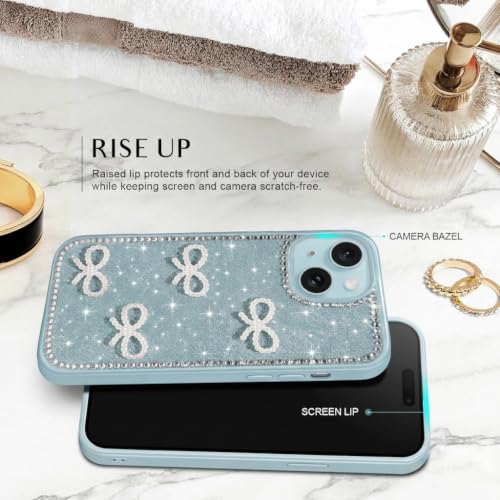 Image of DIZORO Compatible for iPhone 13 / iPhone 14 Cover 6.1, Luxury Diamond Cute with Bow Glitter Bling Case with Full Camera Protection PC+TPU Glossy Shiny Back Cover Case for Girls Women (Green)