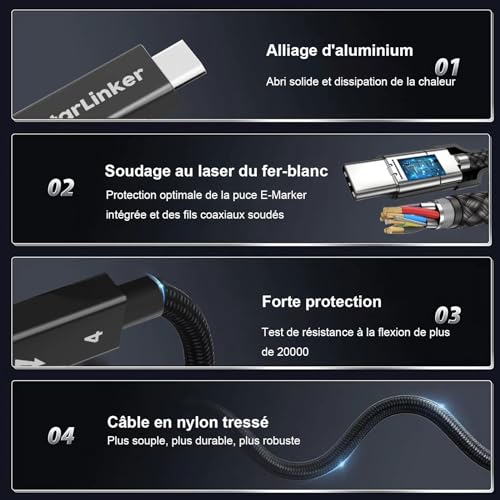 Câble Thunderbolt 4 3m 240W pour MacBook et Écran 8K