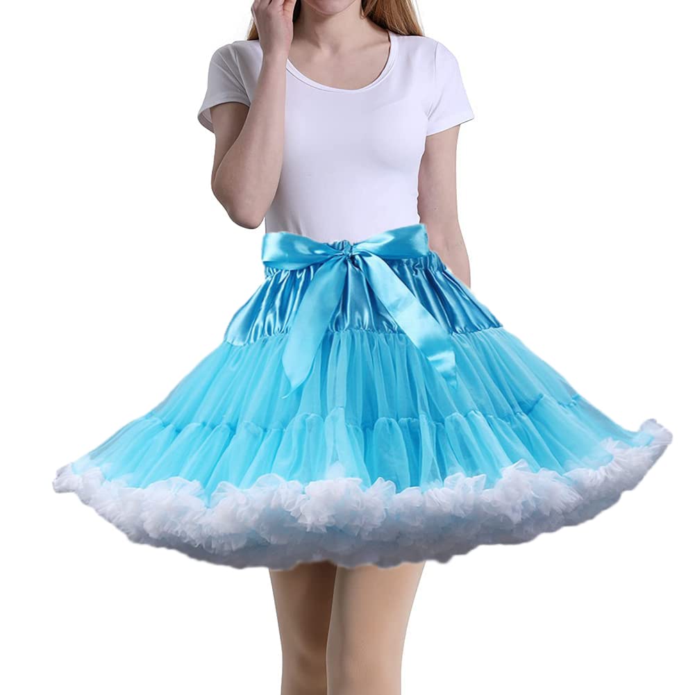 Tmade Women's Tulle Petticoat Tutu Party Multi-Layer Puffy Cosplay Skirt, BlueWhite, Length 40cm, Waist 56-100cm