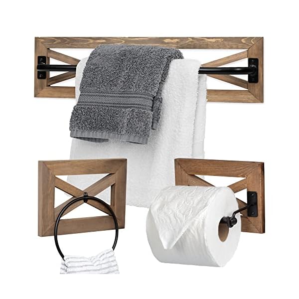 Ilyapa Rustic Towel Bar Toilet Paper Holder Set with Towel Ring for Bathroom- Wall Mounted Bathroom Racks -Barnwood & Black Metal Bar, Farmhouse Decor Ilyapa is an American Owned Brand