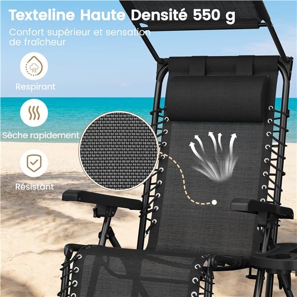 Yaheetech Chaise Longue avec Pare Soleil Bain de Soleil Pliable, avec Pare Soleil & Appuie-tête, Chaise Longue inclinable Transat de Plage Relax Camping Salon de Jardin Exterieur, Gris (1, Noir)