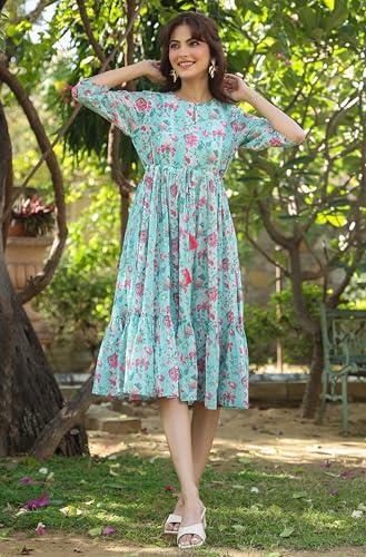 Image of Janasya Women's Georgette Floral Printed Tiered Dress