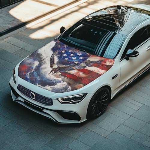 Image of American Flag Eagle Design Car Hood Cover Protector Elastic Polyester Car Hood Wrap Blankets Auto Outdoor Patriotic Decorations Waterproof Auto Accessories for SUV Sedans Trucks Pickup