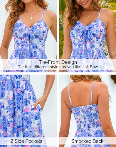 Image of Kranda Women 2026 Summer Sundress High Waist Tie Front Spaghetti Strap Long Beach Floral Tiered Maxi Dress with Pockets