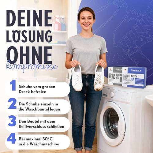 PROMILA- Schuhwaschbeutel Waschmaschine -3 teiliges Set- Schuhbeutel Waschmaschine in Grau/Blau-2XXL waschbeutel Schuhe & Reinigungsbürste-PROMILA wäschesack Schuhe ist Leise, Fusselnfrei,Top-Qualität