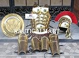 Roman Muscle Body Armor Set Functional Medieval Cuirass with Brass Centurion Helmet, Leg & Arm Guard, Shield Halloween Outfit Brass