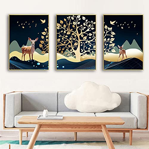 Tableau scandinave abstrait cerf or 70x100 cm triptyque salon - 3